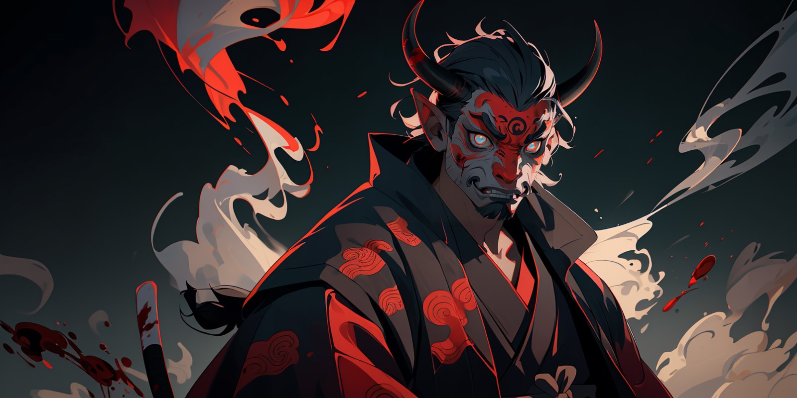 (masterpiece, best quality), oni mask, horns, 1boy, samurai, looking at viewer, upper body, solo, dutch angle, smoke, bloo...